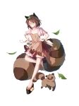  1girl absurdres animal_ears bangs bottle brown_eyes brown_hair brown_shirt brown_skirt catminuo closed_mouth flip-flops full_body futatsuiwa_mamizou glasses highres holding leaf leaf_on_head looking_at_viewer raccoon_ears raccoon_girl raccoon_tail sake_bottle sandals shirt short_hair simple_background skirt smile solo tail tanuki toes touhou white_background 