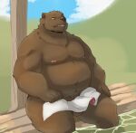  2022 anthro balls belly big_belly black_nose brown_body brown_fur donguri erection fur genitals hi_res humanoid_genitalia humanoid_hands humanoid_penis kemono male mammal moobs nipples overweight overweight_male penis sitting solo towel ursid water yellow_eyes 
