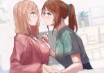  2girls bangs blonde_hair blurry blurry_background blush breast_grab breasts brown_hair closed_mouth embarrassed grabbing green_eyes green_shirt hand_on_another&#039;s_chest hand_up hibike!_euphonium highres imminent_kiss indoors kuziaaizuk large_breasts liz_to_aoi_tori long_hair long_sleeves looking_at_another multiple_girls nail_polish nakagawa_natsuki pink_shirt ponytail purple_eyes scrunchie shirt short_sleeves sitting t-shirt yoshikawa_yuuko yuri 