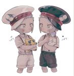  2boys akamtvahosi arrow_(symbol) black_shorts blush brothers character_doll closed_mouth collared_shirt commentary_request doll emmet_(pokemon) grey_eyes grey_hair highres holding holding_doll ingo_(pokemon) joltik knees litwick male_focus multiple_boys pokemon pokemon_(game) pokemon_bw shirt short_hair shorts siblings sideways_hat simple_background suspenders translated white_background white_shirt white_shorts younger 