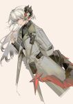  1girl absurdres arknights bangs cigarette_pack coat commentary_request grey_background grey_coat grey_hair hand_up highres holding horns long_hair long_sleeves looking_at_viewer orange_eyes pouch rin_lingsong saria_(arknights) simple_background solo tail teeth_hold very_long_hair 
