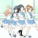  4girls :d bangs black_hair black_socks blonde_hair blue_eyes blue_hair blue_neckerchief blue_sailor_collar blue_skirt blush brown_hair closed_eyes closed_mouth hair_ribbon hands_on_another&#039;s_back hands_up hibike!_euphonium highres indoors kasaki_nozomi kengo_kumaxile kitauji_high_school_uniform kneehighs liz_to_aoi_tori long_hair looking_at_another looking_back multiple_girls nakagawa_natsuki neckerchief open_mouth parted_lips pleated_skirt ponytail purple_eyes red_eyes ribbon sailor_collar school_uniform serafuku shirt shoes short_sleeves skirt smile socks standing uwabaki white_footwear white_shirt white_socks window yellow_ribbon yoroizuka_mizore yoshikawa_yuuko 