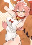  1girl absurdres animal_ear_fluff animal_ears animal_hands apron bangs bare_shoulders bell blush bow breasts cat_hair_ornament cleavage collar fate/extra fate/grand_order fate_(series) fox_ears fox_girl fox_tail frills gloves hair_between_eyes hair_bow hair_ornament highres jingle_bell large_breasts long_hair looking_at_viewer naked_apron neck_bell open_mouth paw_gloves pink_hair ponytail red_bow rottenweiler sideboob sidelocks smile solo tail tamamo_(fate) tamamo_cat_(fate) thighhighs thighs white_apron white_thighhighs yellow_eyes 