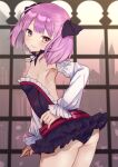  1girl ahase_hino ass bangs bare_shoulders black_dress black_thighhighs breasts detached_collar dress fate/grand_order fate_(series) helena_blavatsky_(fate) highres long_sleeves looking_at_viewer purple_eyes purple_hair short_dress short_hair small_breasts smile solo thighhighs thighs 