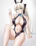  1girl absurdres animal_ears bangs black_thighhighs breasts cleavage fake_animal_ears fate/grand_order fate_(series) freed_turing grey_hair hair_ornament highres large_breasts long_hair looking_at_viewer morgan_le_fay_(fate) playboy_bunny ponytail rabbit_ears solo thighhighs thighs 