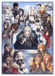  6+boys 6+girls animal_ears arctosz_(arknights) arknights armband aurora_(arknights) bare_shoulders bear_ears beard bell black_cape black_hair black_hairband black_jacket black_shirt blonde_hair blue_eyes blue_hair brown_hair cabbie_hat cape chess_piece cliffheart_(arknights) coat commentary_request courier_(arknights) crop_top cropped_jacket degenbrecher_(arknights) dress facial_hair fur-trimmed_cape fur-trimmed_coat fur_trim glasses gnosis_(arknights) goggles goggles_on_head grey_hair grey_jacket gulo_(arknights) hairband hat headphones highres holding holding_bell horns jacket jewelry kjera_(arknights) kjerag_logo knight_(chess) leopard_ears long_hair matterhorn_(arknights) midriff monch_(arknights) mountain multicolored_hair multiple_boys multiple_girls mustache navel necklace orange_cape outdoors pramanix_(arknights) rai_(limetree_garden) ratatos_browntail_(arknights) red_hair red_scarf scarf sciurus_browntail_(arknights) sharp_(arknights) shirt silverash_(arknights) sleeveless sleeveless_jacket smile stomach strapless streaked_hair sunglasses translation_request tube_top turtleneck_dress twintails valais_(arknights) white_coat white_dress white_hair white_jacket yucatan_(arknights) 