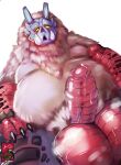  2022 absurd_res anthro balls belly big_belly blue_body capcom erection genitals goss_harag grizzledcroc hi_res male monster_hunter moobs musk overweight overweight_male penis red_body sitting solo video_games white_body 