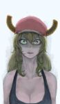  1girl bangs bare_shoulders baseball_cap black_tank_top blonde_hair blue_eyes breasts cleavage collarbone constricted_pupils crazy_eyes dragon_girl dragon_horns gradient_hair green_eyes green_hair hair_between_eyes hat heterochromia highres horns kobayashi-san_chi_no_maidragon large_breasts long_hair lucoa_(maidragon) multicolored_hair parted_lips purple_eyes schiell shaded_face solo staring tank_top two-tone_hair unusually_open_eyes upper_body wavy_hair wide-eyed yellow_pupils 