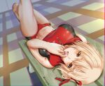  1girl aona_(anagasaki) bangs bench blonde_hair bob_cut breasts buruma candy crop_top eating food hair_between_eyes hair_ribbon indoors large_breasts looking_at_viewer lycoris_recoil lying navel nishikigi_chisato open_mouth orange_eyes red_buruma red_ribbon ribbon short_hair solo sports_bikini sportswear stomach sweat thighs track_and_field turtleneck twitter_username zipper 