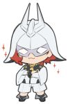  1girl :3 char_aznable char_aznable_(cosplay) chibi commentary_request cosplay crossed_arms full_body gundam gundam_suisei_no_majo helmet mask noisi red_hair shorts solo sparkle suletta_mercury white_background 