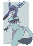  4_fingers anthro biped blue_body blush eeveelution female fingers glaceon hi_res looking_at_viewer ninokkkwolf nintendo open_mouth pok&eacute;mon pok&eacute;mon_(species) simple_background smile solo solo_focus video_games 