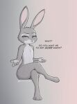  blush bodily_fluids crossed_legs dialogue disney female fluffytuft fur judy_hopps lagomorph leporid looking_at_viewer mammal nipple_outline nude rabbit simple_background sitting solo sweat text thick_thighs wide_hips zootopia 