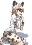 1girl absurdres blonde_hair bow bowtie brown_eyes commentary_request cutoffs denim denim_shorts extra_ears fur_collar hair_between_eyes hand_in_own_hair highres hyena_ears hyena_girl hyena_tail kemono_friends long_sleeves looking_at_viewer lying multicolored_hair on_side pantyhose print_legwear print_sleeves red_eyes shirt short_shorts short_sleeves shorts solo spotted_hyena_(kemono_friends) tanabe_(fueisei) white_bow white_bowtie white_shirt 