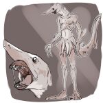  1:1 anthro bodily_fluids empty_eyes fish front_view goblin_shark grey_body grey_tail imperatorcaesar lamniform male marine mitsukurinid nude open_mouth ribs saliva saliva_string shark sharp_teeth simple_background sketch solo teeth 