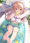  1girl animal_ear_fluff animal_ears arm_up armpits bangs bathtub bikini braid breasts brown_eyes collarbone commentary_request feet food frilled_bikini frills from_above fruit hair_between_eyes highres holding holding_food indoors lemon lemon_slice long_hair medium_breasts mikeou navel original popsicle popsicle_in_mouth solo swimsuit tail toes twin_braids twintails white_bikini wooden_floor 