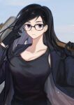  1girl absurdres black-framed_eyewear black_gloves black_hair black_jacket black_tank_top chinese_commentary closed_mouth collarbone commentary_request glasses gloves hammer hand_up highres holding holding_weapon jacket jin22989 long_hair long_sleeves looking_at_viewer minakata_hizuru mole mole_under_mouth open_clothes open_jacket purple_eyes sledgehammer solo summertime_render tank_top upper_body weapon 
