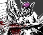  blood blood_splatter bodily_fluids canid cheek_tuft death facial_tuft glistening glistening_nose gore grin holding_knife holding_object imperatorcaesar knife mammal narrowed_eyes open_mouth partially_colored sergal sharp_teeth shoulder_tuft simple_background slit_throat smile teeth tongue tongue_out tuft 
