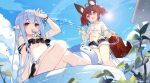  2girls :d ahoge animal_ear_fluff animal_ears arm_up bangs belt belt_buckle bikini bikini_under_clothes black_belt black_bikini blue_hair blue_shorts blue_sky breasts brown_eyes brown_hair buckle cloud commentary_request day fang food_in_mouth fox_ears fox_girl fox_tail front-tie_top fur-trimmed_shorts fur_trim highres hose long_hair multiple_girls navel off_shoulder original outdoors plant pointy_ears red_eyes saru scarf shirt short_hair short_shorts short_sleeves shorts sitting sky small_breasts smile standing swimsuit tail tied_shirt twintails twitter_username very_long_hair wading_pool water white_bikini white_shirt 