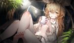  1girl animal_ears arknights bangs bare_legs barefoot blonde_hair commentary crossed_legs cup dorothy_(arknights) foot_out_of_frame hair_between_eyes highres holding holding_cup libiadan long_hair looking_at_viewer mug navel open_clothes open_shirt parted_lips plant shirt sitting solo stomach thighs white_shirt yellow_eyes 