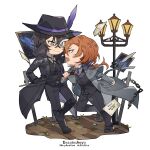  2boys black_gloves black_headwear black_pants black_suit black_vest brown_eyes brown_hair bungou_stray_dogs chain chibi dazai_osamu_(bungou_stray_dogs) detective formal full_body gloves hat_feather holding holding_staff kiragera long_sleeves looking_at_another low_ponytail male_focus mask_over_one_eye multiple_boys nakahara_chuuya orange_hair pants phantom_thief smile staff standing suit vest 