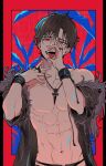  1boy abs bare_pectorals belial_(granblue_fantasy) belial_(summer)_(granblue_fantasy) black_hair black_jacket black_male_swimwear fellatio granblue_fantasy h_gurabbb jacket jewelry large_pectorals looking_at_viewer male_focus male_swimwear multiple_rings muscular muscular_male navel necklace official_alternate_costume open_clothes open_jacket open_mouth oral pectorals red_eyes ring sexually_suggestive short_hair simulated_fellatio solo swim_briefs tongue tongue_out upper_body wristband 