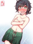  1girl @_@ ahoge bangs black_hair blush breasts covering covering_breasts cowboy_shot embarrassed gradient gradient_background green_eyes green_shorts kanon_(kurogane_knights) kantai_collection male_swimwear male_swimwear_challenge matsukaze_(kancolle) navel nose_blush one-hour_drawing_challenge open_mouth short_hair shorts small_breasts solo swept_bangs swim_trunks wavy_hair white_background 