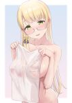  1girl bangs blonde_hair blunt_bangs blush breasts covering covering_breasts glasses green_eyes hair_ornament highres kantai_collection large_breasts long_hair naked_towel navy_cross northampton_(kancolle) open_mouth sakieko see-through semi-rimless_eyewear solo towel wet_towel 