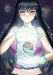  1girl bangs bare_arms black_hair breasts cleavage closed_mouth collarbone commentary_request floating floating_object highres long_hair looking_at_viewer navel pink_eyes poke_ball poke_ball_(basic) pokemon pokemon_(game) pokemon_hgss ribbed_shirt sabrina_(pokemon) shiny shiny_hair shirt smile solo suzuki_(white-world) telekinesis 