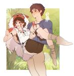  1boy 1girl armlet ashitaka bangs blue_sleeves blush border breasts brown_eyes brown_hair brown_pants brown_shirt brown_shorts brown_socks cape carrying collarbone cowboy_shot dagger earrings eating facepaint facial_mark film_grain food full_body fur_cape hand_on_another&#039;s_back hand_on_another&#039;s_thigh hands_up highres holding holding_food hood hooded_cape jewelry knife kodama long_sleeves looking_to_the_side mononoke_hime muscular muscular_male nagatekkou necklace outdoors outside_border pants parted_bangs parted_lips pout princess_carry san_(mononoke_hime) shirt short_hair shorts sleeveless sleeveless_shirt small_breasts socks standing tank_top teeth tooth_necklace undershirt weapon white_border white_fur white_tank_top zaket07 