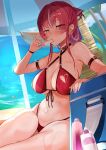  1girl absurdres bangs beach beach_umbrella bikini breasts cleavage dripping food highleg highleg_bikini highres hololive hoshara houshou_marine large_breasts looking_at_viewer lotion multicolored_eyes navel outdoors pinky_out popsicle popsicle_in_mouth red_bikini red_eyes red_hair sitting solo sunscreen swimsuit thighs umbrella wet yellow_eyes 