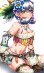  1girl absurdres blue_eyes braid breasts crown_braid curly_hair feathers gloves head_wings highres long_hair looking_at_viewer medium_breasts melia_antiqua navel puffy_sleeves revealing_clothes siebolds_demon simple_background smile solo thighhighs tribal xenoblade_chronicles_(series) xenoblade_chronicles_1 