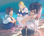  3girls adjusting_eyewear bag beach black-framed_eyewear black_hair blonde_hair blue_eyes blue_skirt book chinese_commentary closed_mouth commentary_request day glasses head_rest highres holding holding_book kofune_mio kofune_ushio long_hair looking_at_viewer medium_hair minakata_hizuru multiple_girls open_mouth outdoors over-rim_eyewear pleated_skirt purple_eyes sailor_collar school_uniform semi-rimless_eyewear serafuku shirt short_sleeves siblings sisters skirt smile squatting standing summertime_render teenage water white_shirt younger yuxia_xianyin 