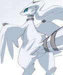  ambiguous_gender biped blue_eyes feral frown hi_res legendary_pok&eacute;mon looking_aside looking_away ninokkkwolf nintendo pok&eacute;mon pok&eacute;mon_(species) rear_view reshiram signature simple_background solo spiral_eyes spread_wings video_games white_background white_body wings 