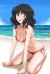  1girl all_fours amagami bangs beach bikini black_eyes black_hair blue_sky breasts cloud commentary_request day full_body highres horizon looking_at_viewer medium_breasts medium_hair messy_hair ocean outdoors parted_bangs red_bikini side-tie_bikini sky solo swimsuit takemi_kaoru tanamachi_kaoru 