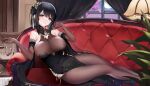  1girl absurdres azur_lane bare_shoulders black_bodysuit black_dress black_gloves black_hair blush bodystocking bodysuit breasts brown_pantyhose chen_hai_(azur_lane) chen_hai_(vestibule_of_wonders)_(azur_lane) china_dress chinese_clothes clothing_cutout couch covered_navel curtains dress elbow_gloves elbow_rest gloves hair_bun hair_ornament hands_up highres indoors lace-trimmed_gloves lace_trim lamp large_breasts leaning_to_the_side looking_at_viewer mcic0 official_alternate_costume on_couch pantyhose parted_lips pelvic_curtain red_eyes short_hair side_slit sidelocks sitting solo tassel tassel_hair_ornament taut_clothes taut_dress window 