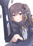  1girl :o armband balancing black_jacket black_ribbon black_skirt brown_eyes brown_hair eyes_visible_through_hair girls&#039;_frontline gun h&amp;k_ump45 jacket long_hair neck_ribbon one_side_up ribbon scar scar_across_eye shirt simple_background skirt solo sopranino submachine_gun ump45_(girls&#039;_frontline) weapon white_shirt 