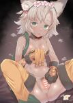  1girl animal_ears animal_hands anus ass bar_censor bare_shoulders black_panties blonde_hair cape censored clothes_lift dark_skin erune fang female_pubic_hair flower fur-trimmed_legwear fur_trim granblue_fantasy green_cape green_eyes hairband highres looking_at_viewer makabe_gorou melleau open_mouth panties pubic_hair pussy pussy_juice pussy_juice_stain short_hair sitting skin_fang smell spread_pussy stained_panties steaming_body sweat underwear 