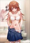  1girl bare_arms bare_shoulders blue_skirt blurry blurry_background bra breasts brown_hair choker closed_mouth clothes_pull collarbone commentary cowboy_shot dot_mouth gradient_hair highres hololive hololive_english indoors large_breasts long_hair looking_at_viewer multicolored_hair navel no_shirt open_clothes open_skirt orange_hair panties panty_pull pink_eyes pleated_skirt skirt skirt_pull smilesmile1312 solo stomach straight-on takanashi_kiara underwear undressing virtual_youtuber white_bra white_choker white_panties 