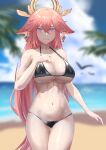 1girl absurdres animal_ears bangs bare_arms bare_shoulders beach bikini black_bikini blue_sky blurry blurry_background blush breasts cleavage cloud collarbone commentary_request cowboy_shot day earrings fox_ears genshin_impact hair_between_eyes halterneck hand_on_own_chest highres jewelry large_breasts long_hair looking_at_viewer navel ocean oinari_(koheihei1109) partial_commentary pink_hair purple_eyes sky smile solo standing stomach swimsuit thighs very_long_hair water yae_miko 