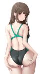  1girl absurdres ass back bangs black_swimsuit blunt_bangs blush breasts brown_eyes brown_hair closed_mouth commentary_request competition_swimsuit ear_piercing green_swimsuit highres long_hair looking_at_viewer looking_back ncontrail_(mgax7527) one-piece_swimsuit original piercing shoulder_blades simple_background small_breasts solo standing swimsuit two-tone_swimsuit wet white_background 