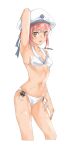  1girl absurdres anchor bikini breasts brown_eyes clothes_writing cowboy_shot hat highres kantai_collection looking_at_viewer maonatten one-hour_drawing_challenge red_hair sailor_bikini sailor_collar sailor_hat short_hair side-tie_bikini simple_background small_breasts smiley_face solo standing swimsuit white_background white_bikini white_headwear white_sailor_collar z3_max_schultz_(kancolle) 