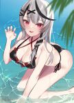  1girl :d all_fours ass bikini black_bikini braid breasts claw_pose cleavage fang foot_out_of_frame grey_hair hair_ornament hand_up heart heart_hair_ornament highres hololive large_breasts layered_bikini long_hair looking_at_viewer open_mouth red_bikini red_eyes sakamata_chloe side-tie_bikini smile solo swimsuit thighs water wet you06 