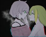  2girls alina_gray an_sin azusa_mifuyu bangs black_background black_choker blonde_hair bra_strap choker chromatic_aberration evil_grin evil_smile from_side glitch green_eyes green_hair grey_hair grin hair_horns hand_on_another&#039;s_face korean_commentary long_hair looking_at_another magia_record:_mahou_shoujo_madoka_magica_gaiden mahou_shoujo_madoka_magica multicolored_hair multiple_girls off-shoulder_shirt off_shoulder parted_lips profile red_shirt scared shirt short_hair sidelocks simple_background smile streaked_hair swept_bangs topless upper_body yuri 