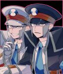  2boys akamtvahosi black_background black_coat black_headwear blue_necktie brothers coat collared_shirt commentary_request dress_shirt emmet_(pokemon) gloves grey_eyes grey_hair grin hand_up hat high_collar highres ingo_(pokemon) long_sideburns long_sleeves looking_at_viewer male_focus multiple_boys necktie outline peaked_cap pokemon pokemon_(game) pokemon_bw shirt short_hair siblings sideburns simple_background smile trench_coat upper_body white_coat white_gloves white_headwear white_shirt 