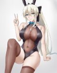  1girl absurdres animal_ears bangs breasts cleavage fake_animal_ears fate/grand_order fate_(series) freed_turing grey_hair highres large_breasts long_hair looking_at_viewer morgan_le_fay_(fate) navel playboy_bunny ponytail rabbit_ears solo thighs 
