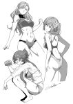  3girls abs alternate_costume ass asymmetrical_bangs asymmetrical_hair aurelia_le_guin backless_swimsuit bangs bare_legs barefoot bikini bikini_under_clothes blush braid breasts can claire_rieveldt cleavage cleavage_cutout clenched_hand closed_mouth clothing_cutout commentary cowboy_shot cropped_legs drunk earrings eiyuu_densetsu expressionless eyebrows_hidden_by_hair flower french_braid full_body greyscale hair_between_eyes hair_flower hair_ornament hand_on_hip highres holding holding_can jewelry light_smile long_hair looking_at_viewer medium_breasts monochrome multiple_girls navel one-piece_swimsuit open_mouth ponytail sara_valestein see-through see-through_shirt sen_no_kiseki side-tie_bikini side_ponytail signature simple_background squatting standing stomach swimsuit toned wavy_mouth werkbau white_background 