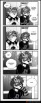  anthro arm_warmers armwear blush canid canine canis claws clothed clothing comic dialogue domestic_dog duo english_text hair hi_res male mammal monochrome roanoak shiba_inu shirt spitz terry_(roanoak) text topwear trans_(lore) trans_man_(lore) whisker_spots young 