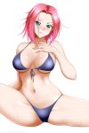  1girl absurdres bangs banned_artist bare_arms bikini blue_eyes blush breasts code_geass collarbone front-tie_bikini front-tie_top hair_between_eyes highres kallen_stadtfeld kimmy77 large_breasts long_hair navel open_mouth pink_hair purple_bikini shiny shiny_hair shiny_skin simple_background sitting smile solo spread_legs straight_hair swimsuit underboob white_background 