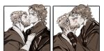  2boys anakin_skywalker beard brown_scales closed_eyes dual_persona facial_hair hands_on_another&#039;s_face highres kiss lokidhshs male_focus mole mole_under_eye multiple_boys obi-wan_kenobi simple_background size_difference star_wars yaoi 