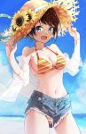  1girl 5to_rai :d alternate_costume beach bikini bikini_under_clothes blue_eyes blue_shorts blue_sky blush breasts brown_hair cleavage cloud cloudy_sky commentary cowboy_shot day denim denim_shorts eyebrows_hidden_by_hair hands_on_headwear hat highres hololive lens_flare light_particles light_rays looking_at_viewer medium_breasts navel ocean off_shoulder oozora_subaru open_clothes open_mouth open_shirt orange_bikini outdoors see-through see-through_shirt shirt short_hair short_shorts shorts skindentation sky smile solo stomach straw_hat striped striped_bikini sunlight sweat swimsuit virtual_youtuber white_shirt wristband 